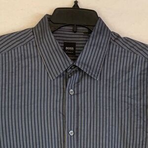 Hugo Boss Dress Shirt Men's Large Blue Gray Regular Fit Button Up Cotton